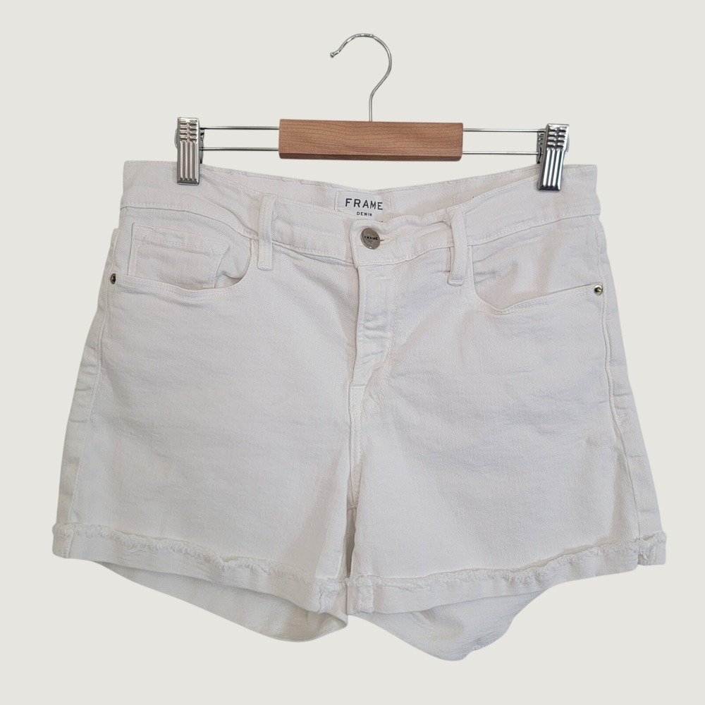Frame Denim Le Cutoff White Raw Hem Jean Shorts Women Size 28 Mid Rise 4" Inseam